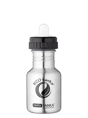 Produktbild der 350ml einwandigen Trinkflasche aus Edelstahl in Silber von ECOtanka mit 2 teiligem Adapter-Verschluss in schwarz aus PP5. Ideal für das Anbringen eines Silikon-Trinksaugers. Für kleine Kinderhände gemacht.