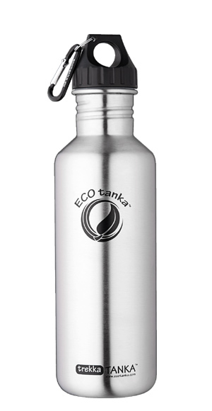 Produktbild der 1000ml einwandigen Trinkflasche aus Edelstahl in Silber von ECOtanka mit Poly-Loop-Verschluss in schwarz aus PP5 und Karabinerhaken. Ideal für die Befestigung an Taschen und Gürteln. Passt in viele Rucksäcke und deren Getränkefach.